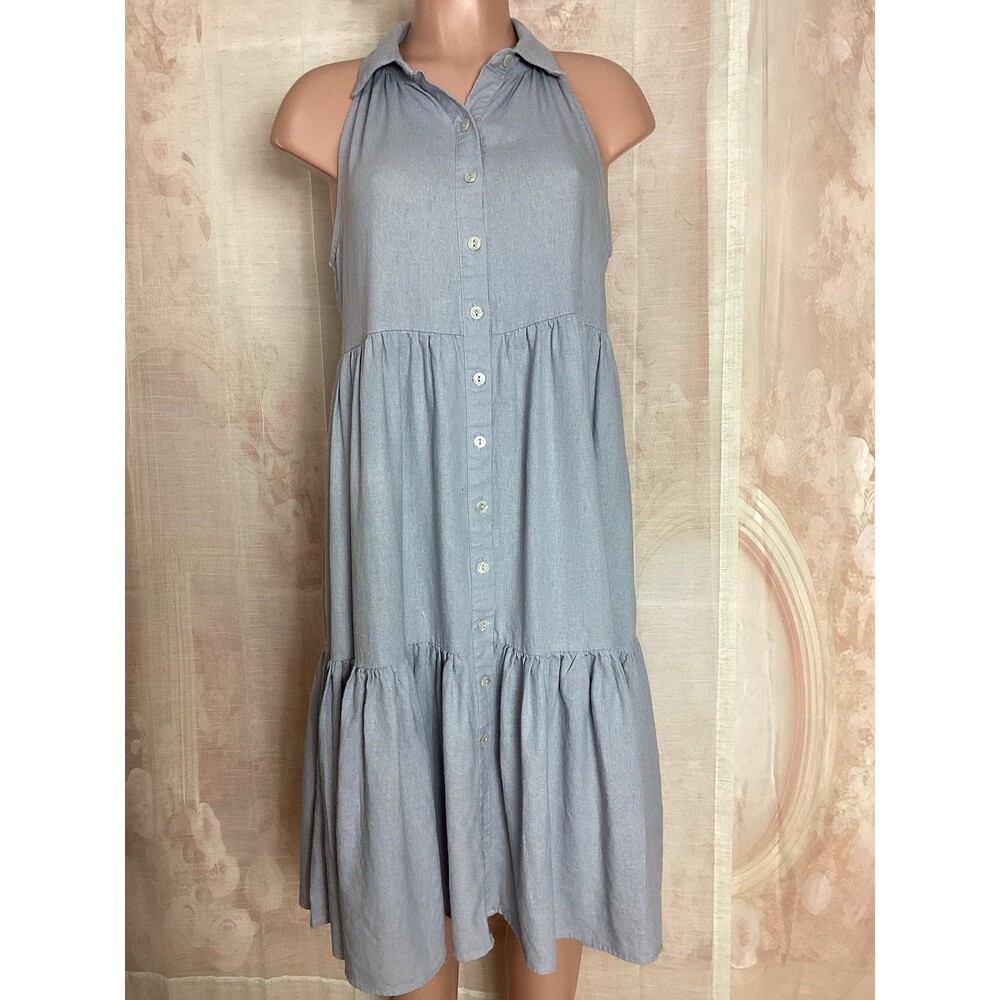Nicole Miller Women's Light Blue  Linen Tiered Buttoned Sleeveless Dress Size S